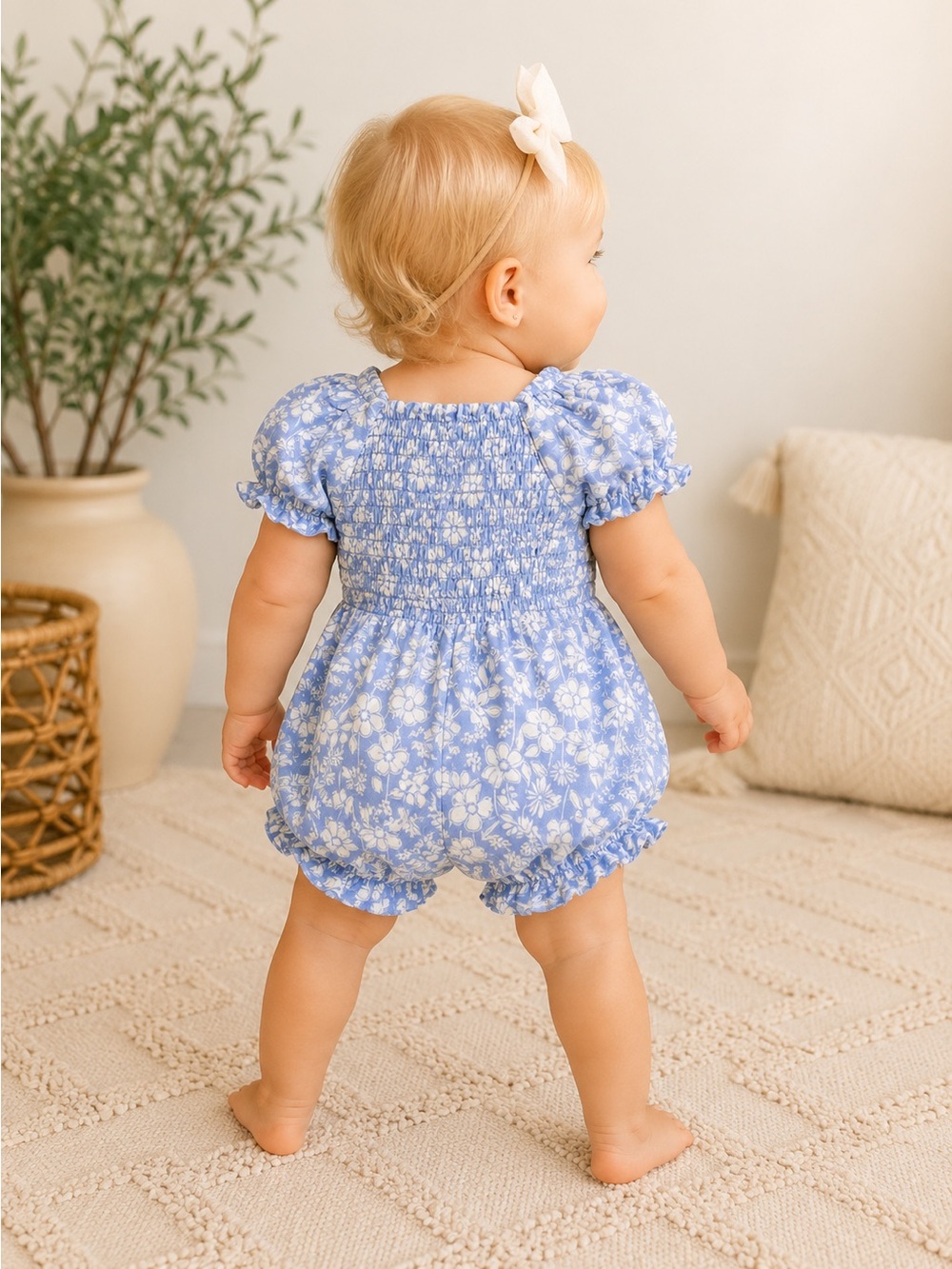 Vince Camuto Kids Blue Floral Romper Puff Sleeve Ruffle Bubble Romper | NWT 24M - Picture 3 of 7
